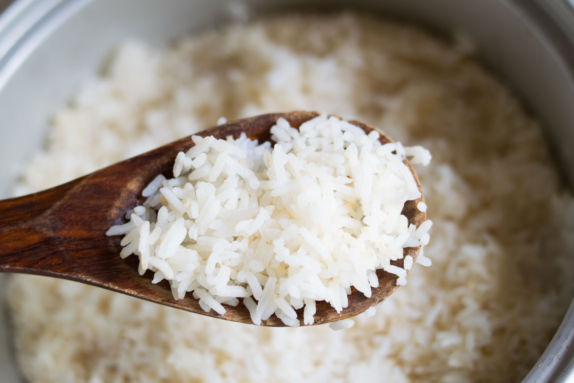 Cooked white rice in pot with wood ladle
