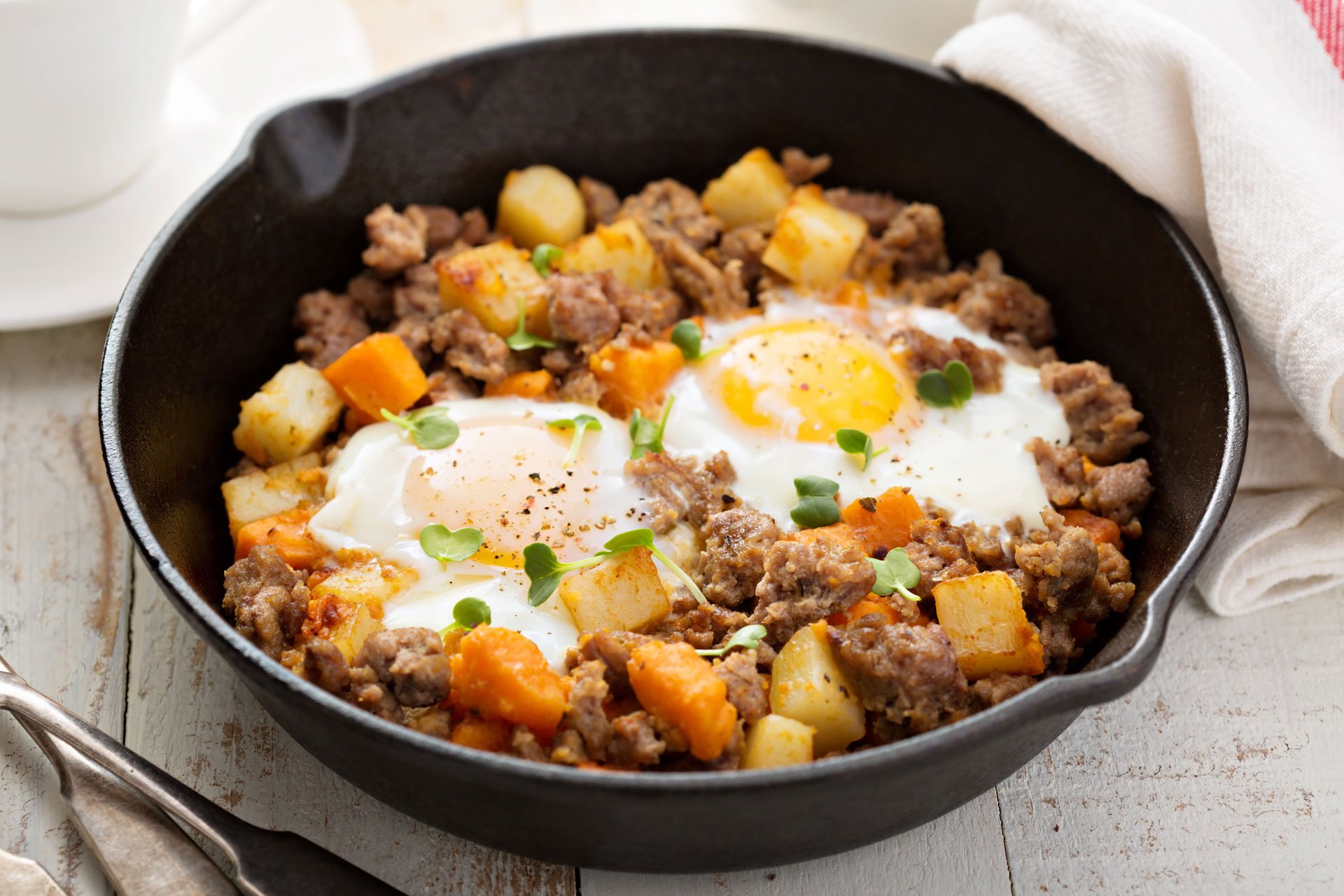 beef and potato hash in pan