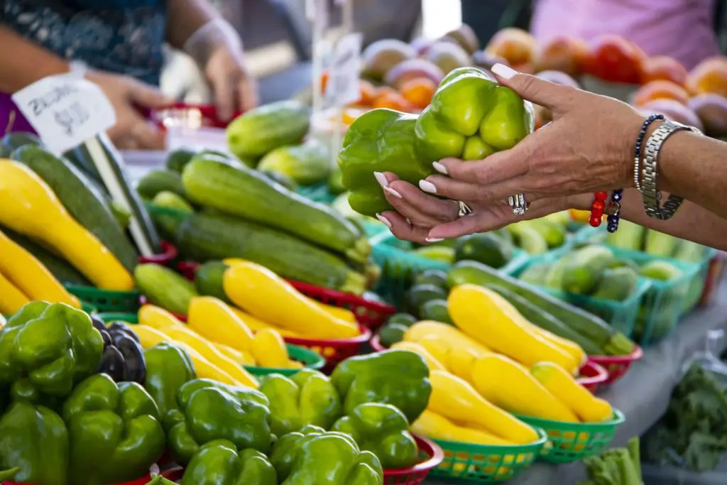 Woman with bracelets on holds two green peppers to buy at a farmer's market