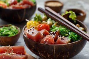 Hawaiian tuna poke salad in the bowl close up