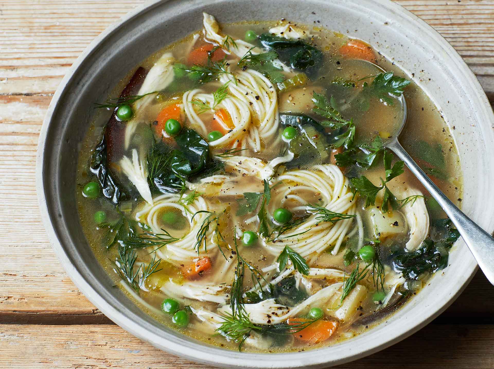Eco-friendly cooking with Rescue Noodle Soup with Leftover Chicken from "Eat Green"