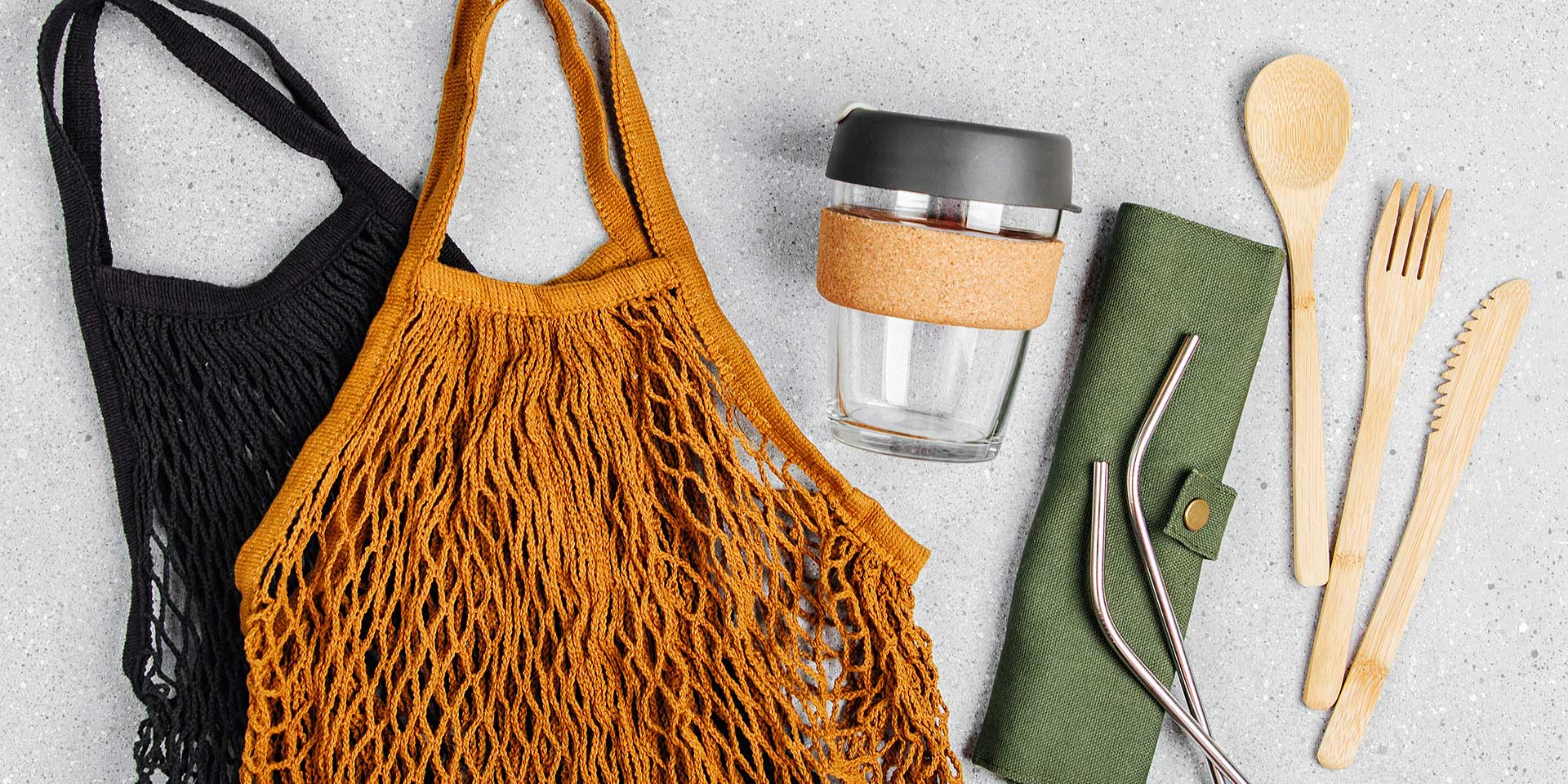 reusable cloth bags, reusable coffee mug and cutlery