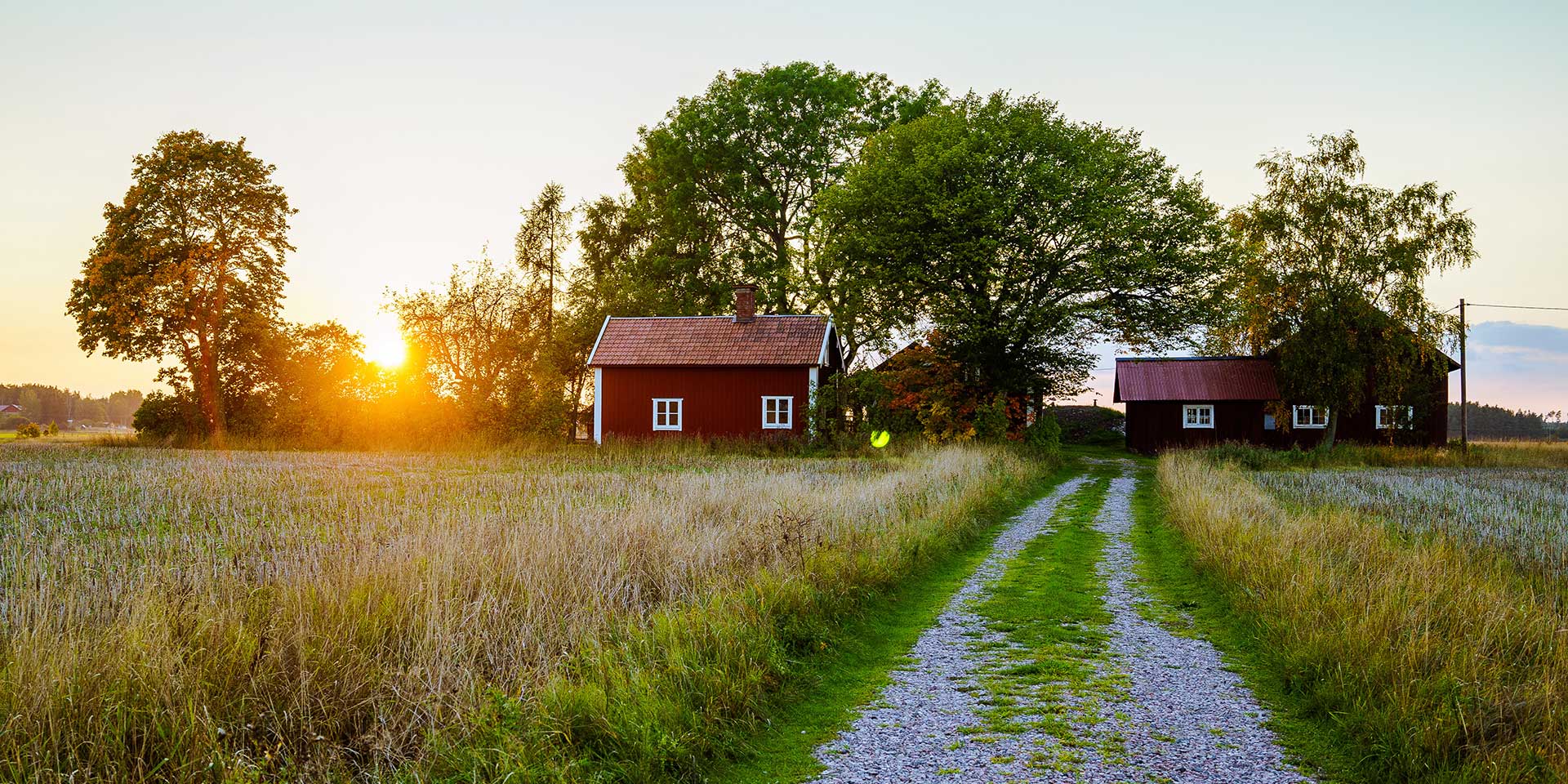 old farmhouse and barn at sunset