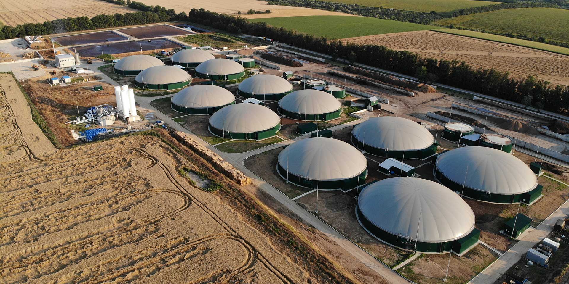 An aerial view of a manure digester on a farm