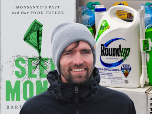 Image of "Seed Money" book next to bottle of Roundup spray.