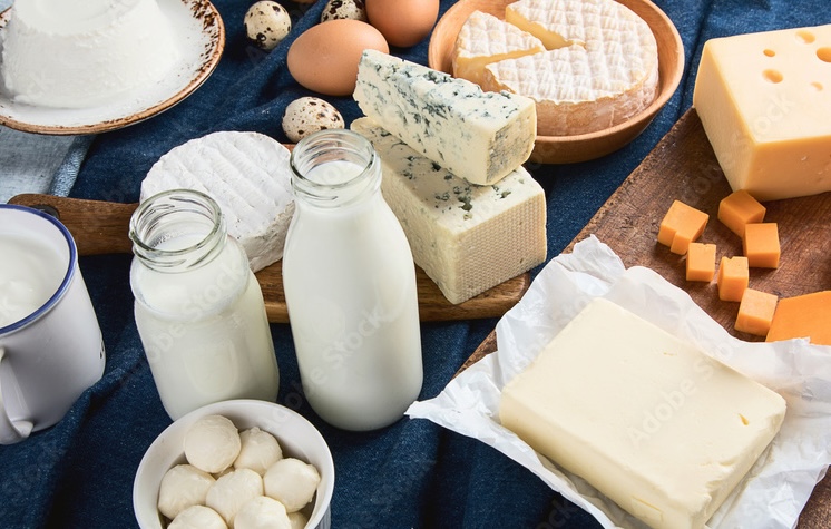 an assortment of milk and cheese on a blue background