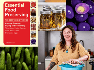 A collage of photos including a book cover for Essential Food Preserving, author photo and pickled cucumbers