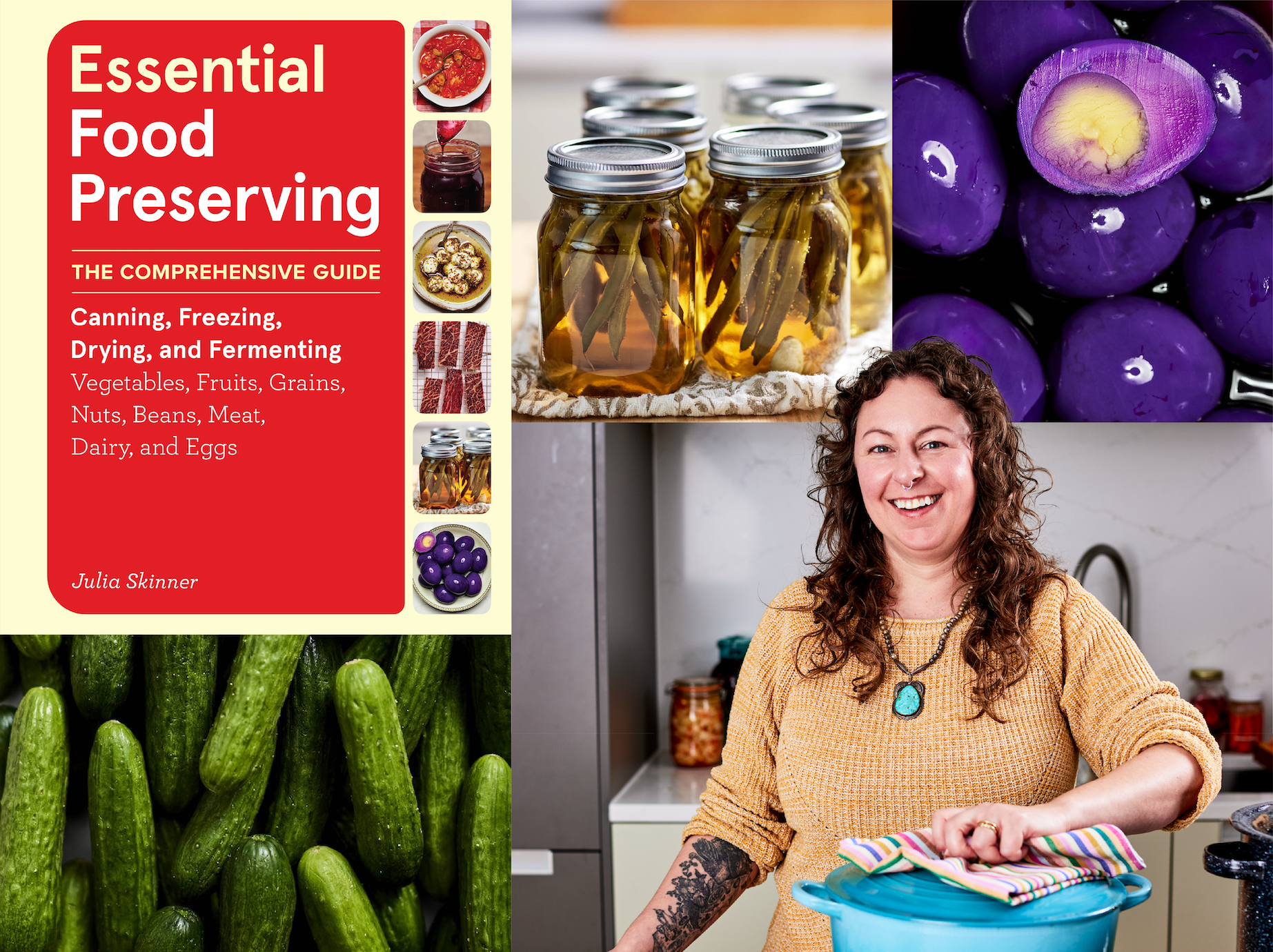 A collage of photos including a book cover for Essential Food Preserving, author photo and pickled cucumbers